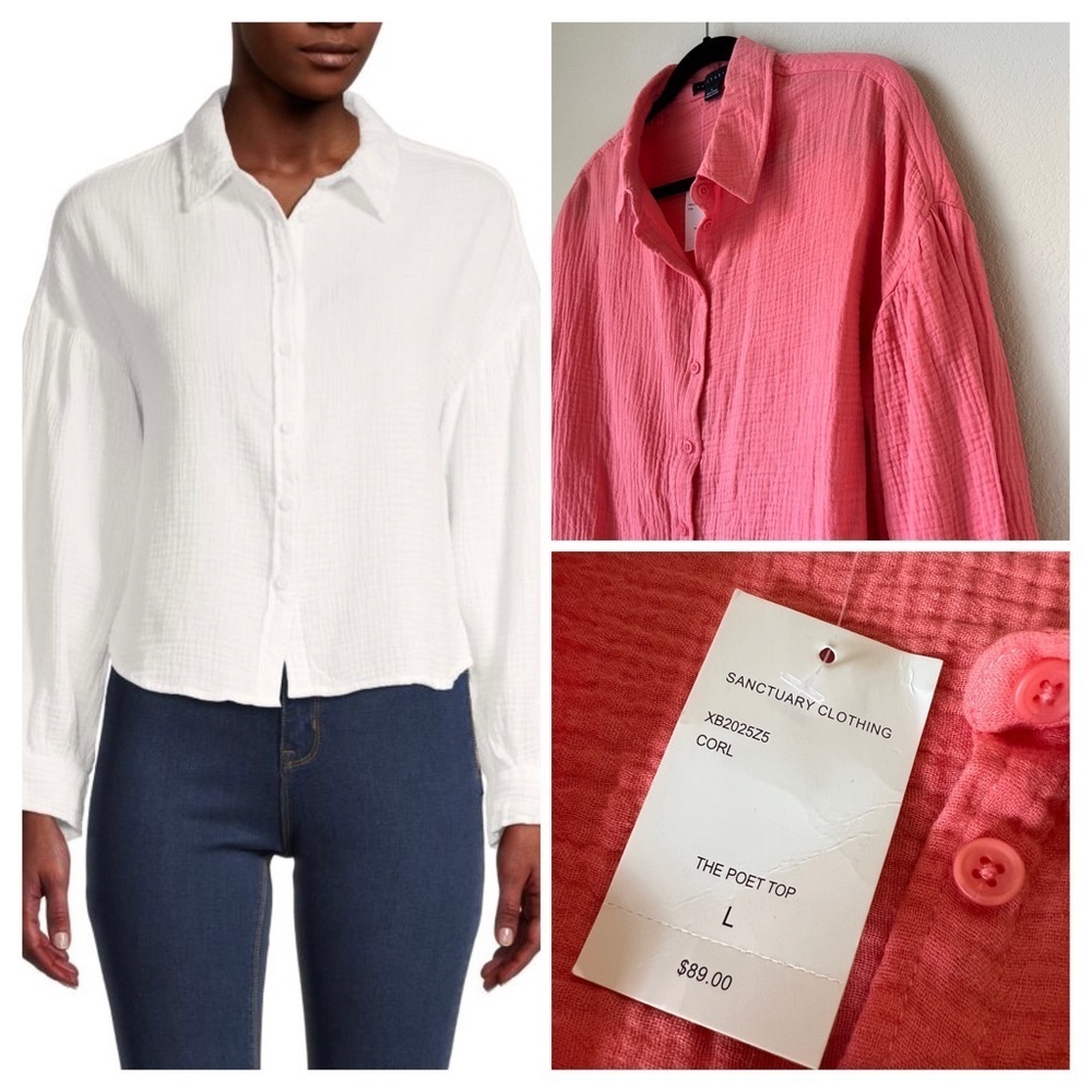 NWT Sanctuary Poet Soft Crinkle Cotton Woven Long-Sleeve Pink Coral Shirt